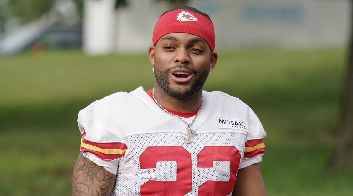 Kansas City Chiefs safety Juan Thornhill (22) walks down the hill to the field prior to training camp at Missouri Western University.
